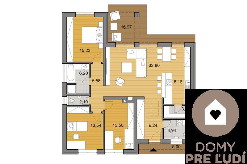 Floor plan of a family house with a wooden decor floor, open living room, and terrace.