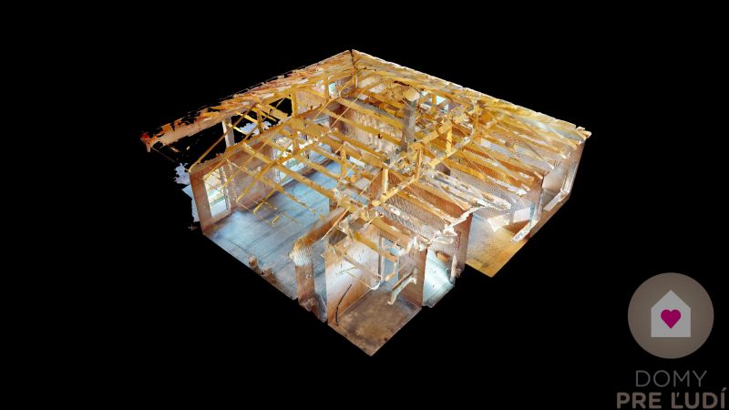 3D visualization of the roof structure of a family house with a truss and a floor with a wooden decor.
