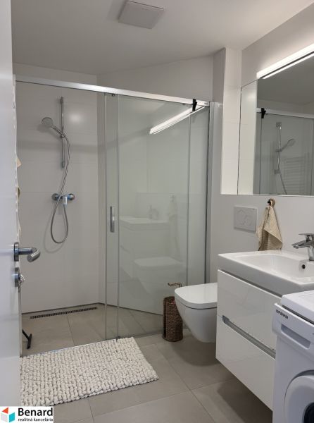 Bathroom with a shower, sink, and washing machine in a studio apartment.