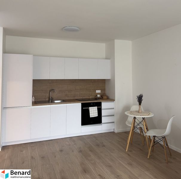 Kitchen area in a studio apartment with a white kitchen unit and a floor with a wood decor.