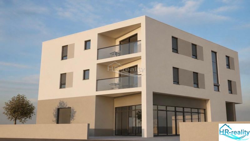 The exterior of a holiday apartment in the town of Vodice with a modern facade and balconies.