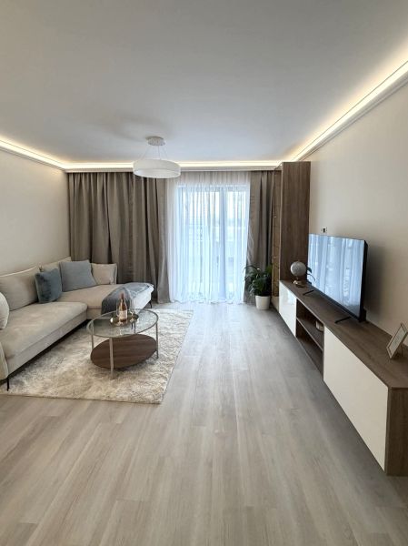 Living room in a two-room apartment with a wooden decor floor, a sofa, and a television.