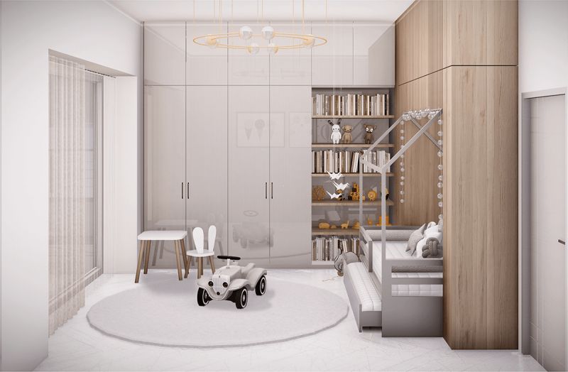 Children's room in a three-room apartment with a bed, table, books, and toys.