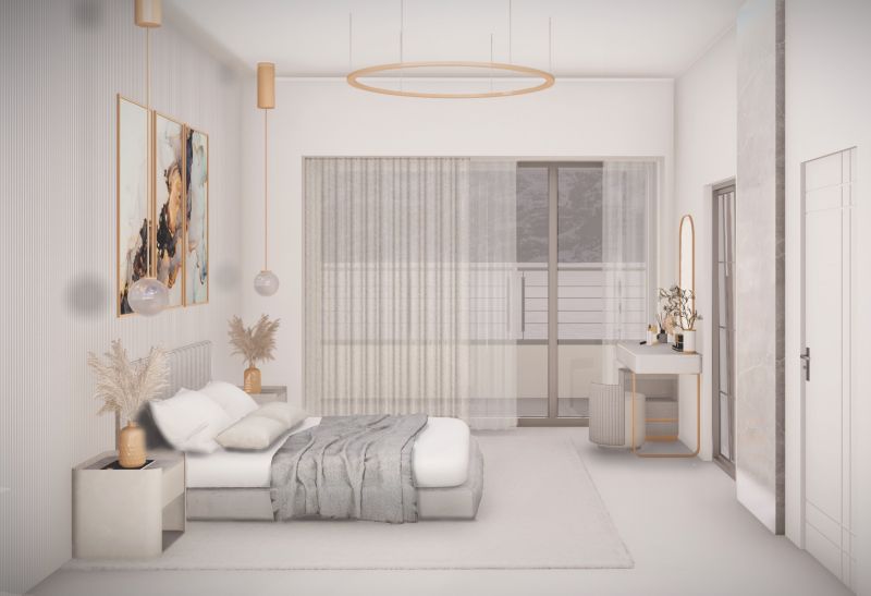 Bright room with curtains, a bed, and a dressing table in a 4-room apartment.