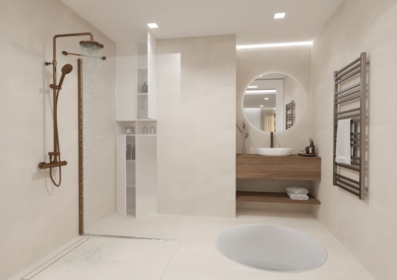 A bathroom in a 4-room apartment with an open shower and a large circular mirror.