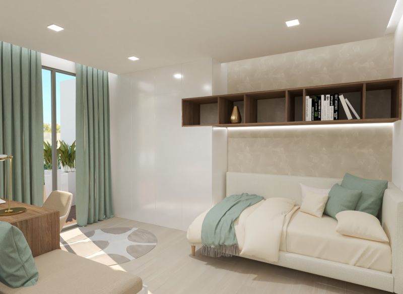 A room in a 4-room apartment with a bed, sliding wardrobes, and an impressive floor with a wooden decor.