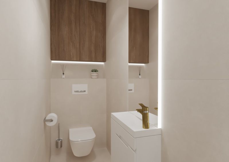 A bathroom in a 4-room apartment with white sanitary ware and wooden decor on the cabinets.
