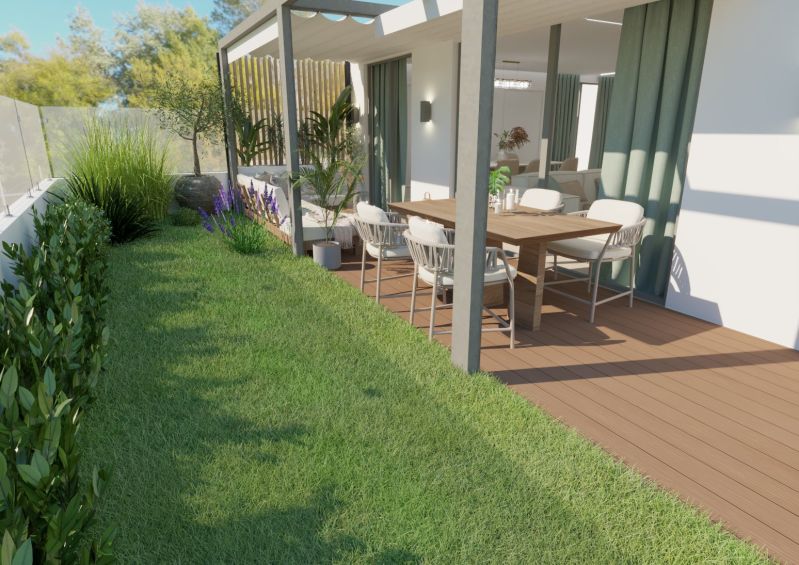 A garden with a terrace and seating area in a 4-room apartment with a wooden decor floor.