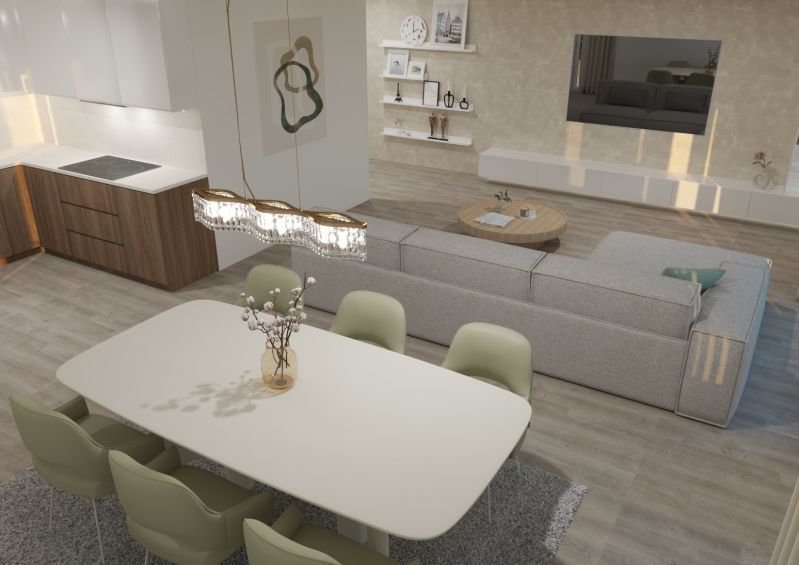 Interior of a 4-room apartment with a kitchen, dining table, gray sofa, and floor with wood decor.