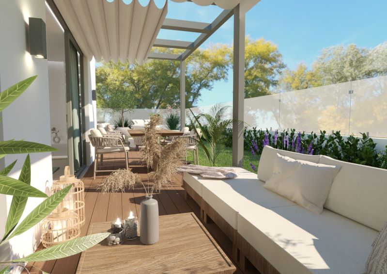 Terrace of a 4-room apartment with comfortable seating, wooden decor flooring, greenery, and decorations.