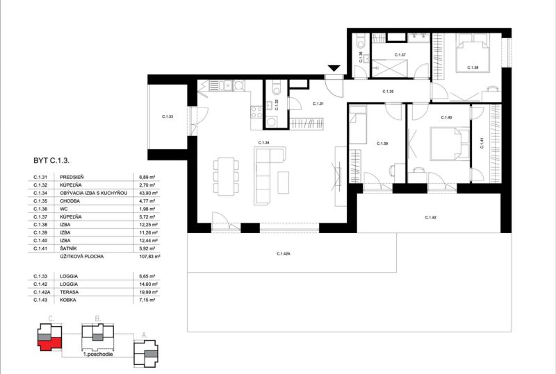 The floor plan of a 4-room apartment shows rooms, a kitchen, bathrooms, and a loggia.