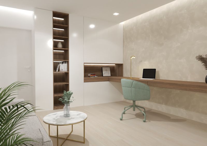 A bright study in a 4-room apartment with shelves, a desk, and a wooden decor floor.