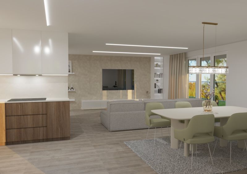 Living room of a 4-room apartment with a wooden decor floor, dining table, and sofa.