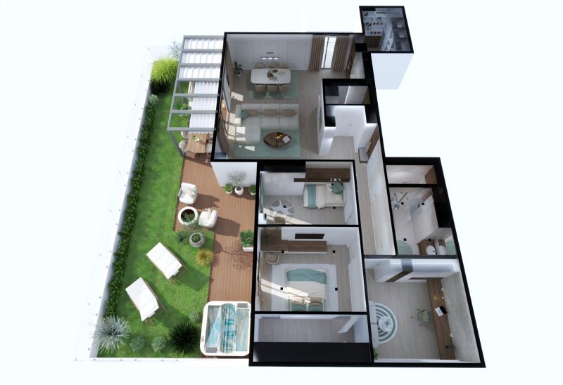 Visualization of a 4-room apartment with a garden and wooden decor flooring.