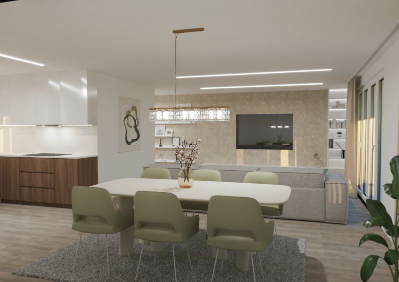 Interior of a 4-room apartment with a kitchen, dining room, and living room, floor with wooden decor.