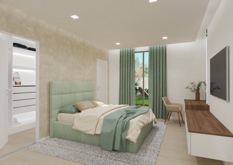 A bedroom with light curtains, a carpet, and a bed in a 4-room apartment.
