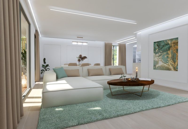 Living room in a 4-room apartment with a comfortable sofa set and a wooden decor floor.