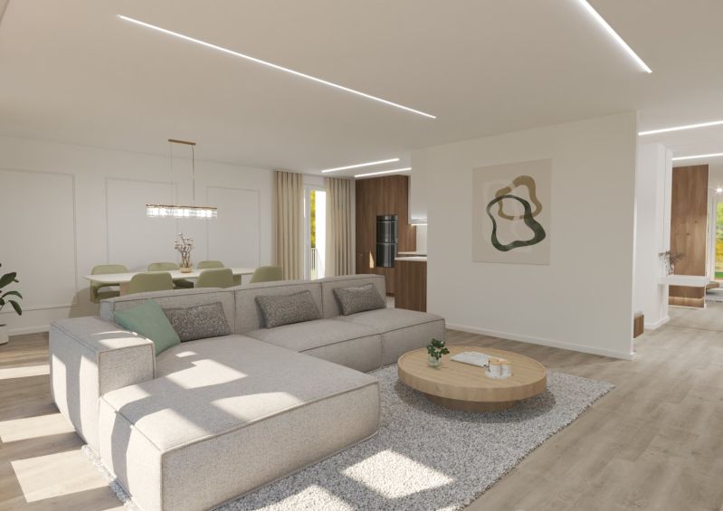 Living room in a 4-room apartment with a large sofa, coffee table, and floor with a wooden decor.
