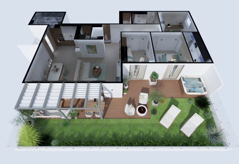 Visualization of a 4-room apartment with a terrace, sun loungers, a hot tub, and a green garden.