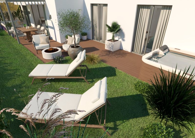 Terrace with loungers, hot tub, and wood-decor flooring in a 4-room apartment.