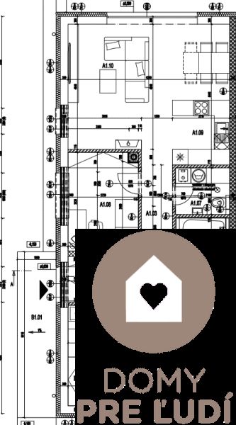 Architectural plan of a family house with the real estate agency's logo and the inscription 