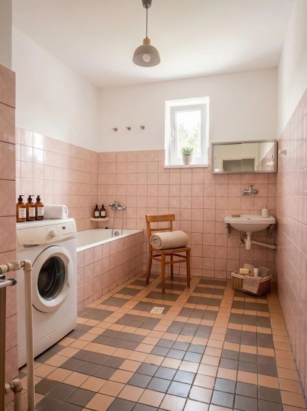 A bathroom in a family house with beige tiles, a bathtub, and a washing machine.