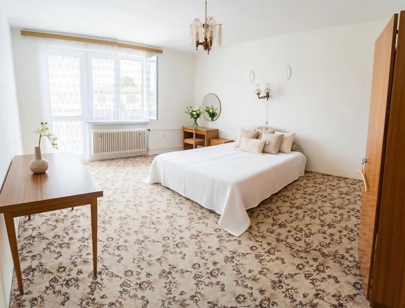 A bedroom in a family house with a floral carpet, a double bed, and wooden furniture.