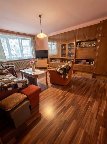 Living room in a family house with wood-patterned flooring, a sofa set, and cabinet furniture.