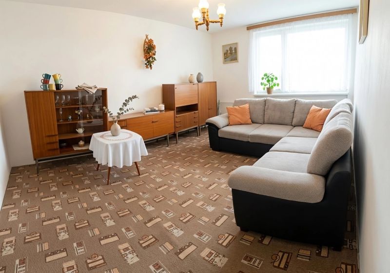 Living room in a family house with a comfortable sofa set and wooden furniture.