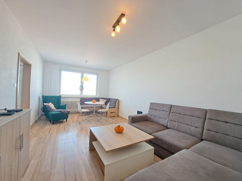 Living room in a three-room apartment with a wooden decor floor and a comfortable couch.
