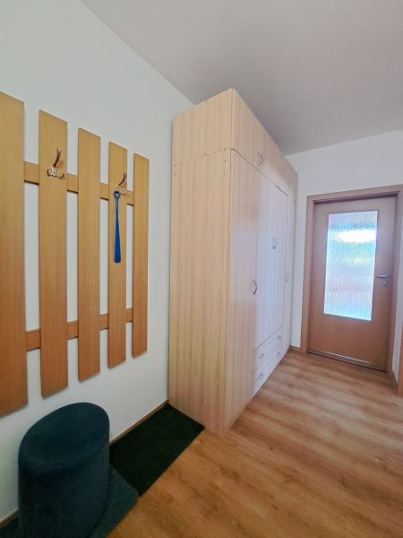 Hallway with a coat rack, wardrobe, and floor with wooden decor in a 3-room apartment.