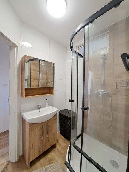 Bathroom with a sink, shower corner, and furniture with a wooden decor in a 3-room apartment.