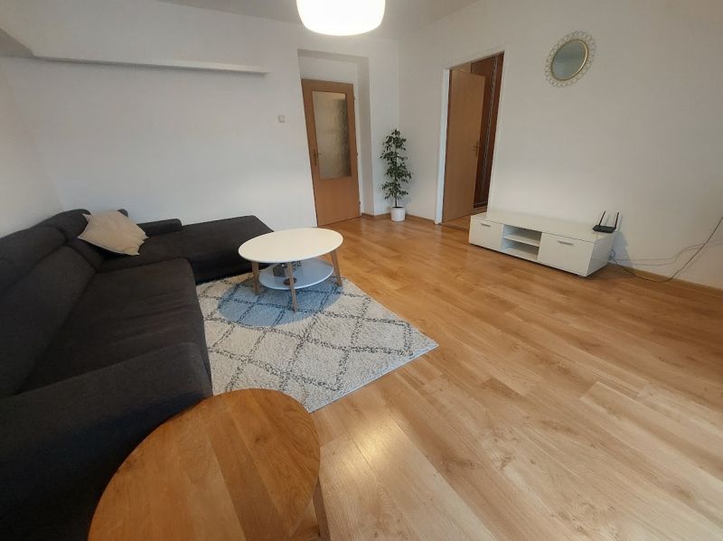 Living room in a two-room apartment with a couch and wooden decor flooring.