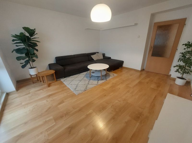 Living room with a sofa, table, and wooden decor flooring in a 2-room apartment.