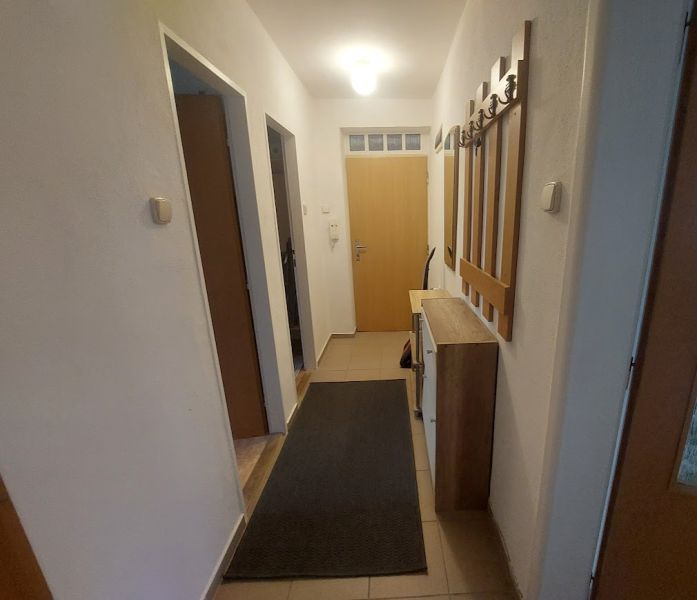 The entrance hall in a 2-room apartment with a hanging coat rack and a floor with a wood decor.