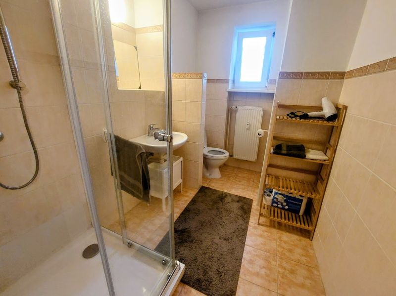 Bathroom in a 2-room apartment with a glass shower, sink, and shelf.