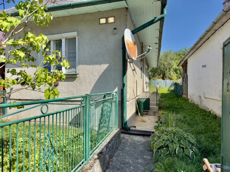 A family house in Lipany with a green fence, a satellite dish, and a garden plant.