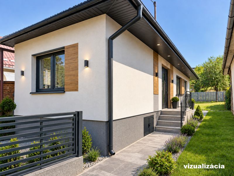 A family house in Lipany with a white facade, wooden elements, and a garden.
