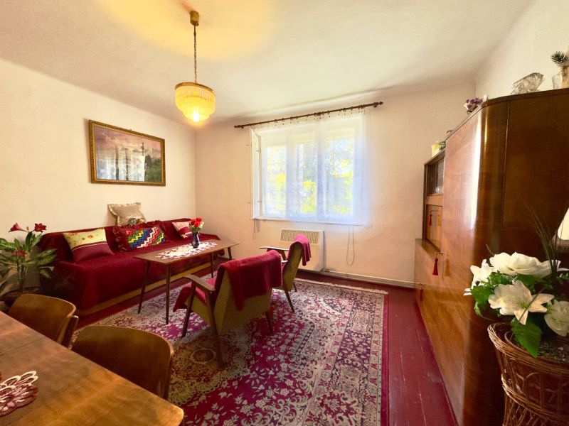 A living room in a family house with red furniture and a carpet.