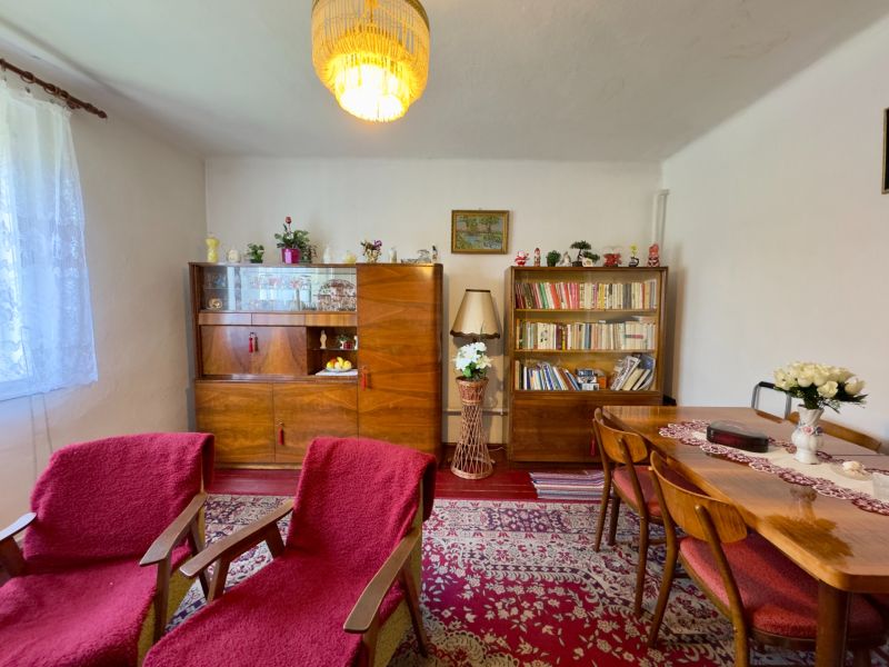 Living room in a family house with a red carpet and wooden furniture.
