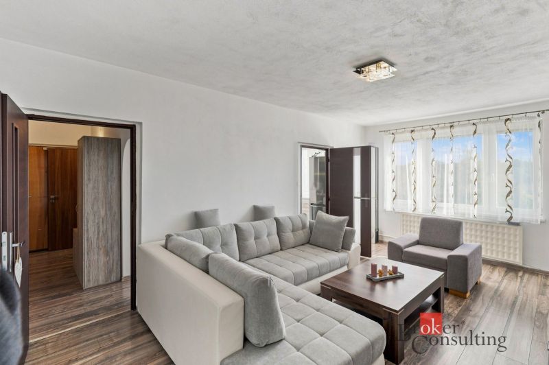 Living room in a 2-room apartment with a sofa and wooden decor flooring.