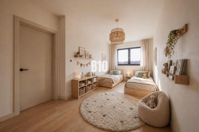 Children's room with two beds, window, light-colored walls, wooden decor flooring, family house.