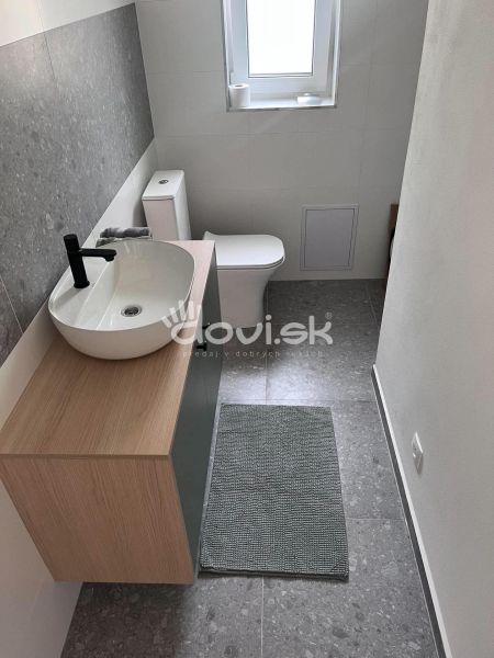 A bathroom in a cabin with a toilet, a sink on a wooden cabinet, and a window for natural light.