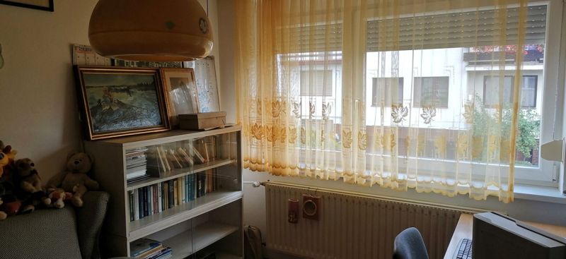 A room with a couch, a bookshelf, and paintings, in a family house.