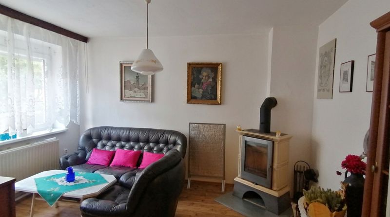 Living room in a family house with a fireplace, leather sofa, and wooden decor flooring.