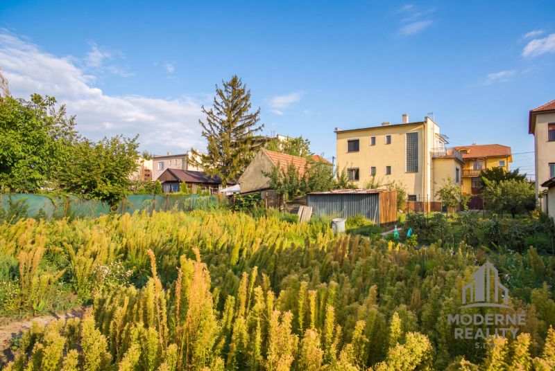 A garden at family houses in Dvory nad Žitavou, surrounded by greenery and trees.