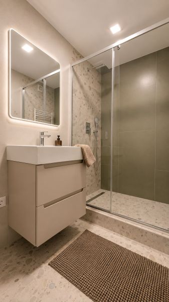 Bathroom with a sink, shower corner, and illuminated mirror in a 3-room apartment.