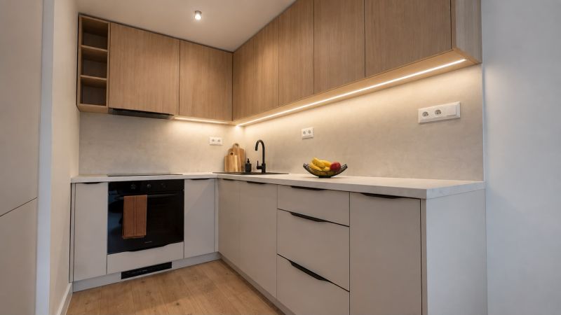 A kitchen in a 3-room apartment with wooden decor, minimalist cabinets, and recessed lighting.