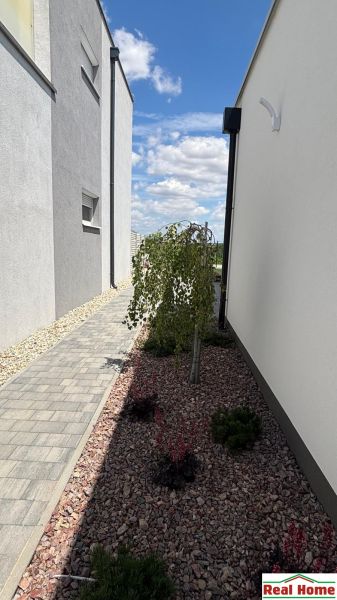 A family house in Boldog with a narrow exterior passage and a landscaped walkway.