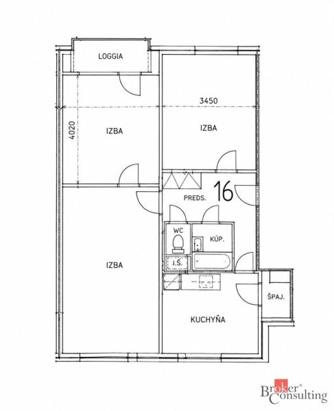 Floor plan of a 3-room apartment with a loggia and a hallway.